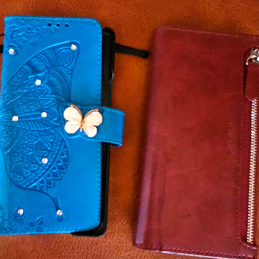 Galaxy Z-fold 2 Blue Butterfly Embossed Wallet and Red Zipper Wallet Cases